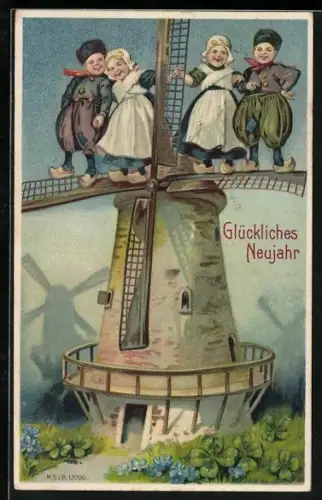 Lithographie Niederländische Kinder stehen auf den Rädern einer Windmühle, Glückliches Neujahr
