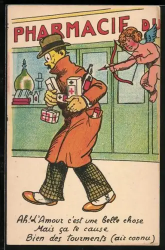Künstler-AK Amor schiesst einen Pfeil auf einen Mann mit vielen Medikamenten