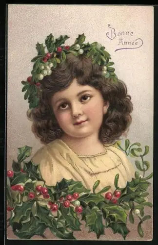 Lithographie Kind mit einem Kranz aus Stechpalmenzweigen, Bonne Année