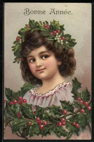 Präge-AK Porträt eines Kindes mit einem Kranz aus Stechpalmen im Haar, Bonne Année