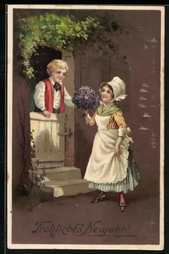 Künstler-AK Frau bringt einem Mann einen Strauss Vergissmeinnicht, Fröhliches Neujahr