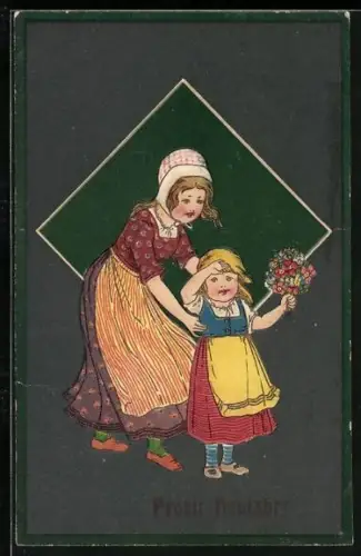 Künstler-AK Zwei Mädchen mit einem Blumenstrauss, Prosit Neujahr