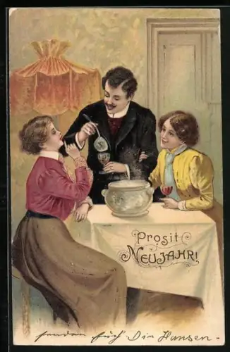 Lithographie Familie mit Bowle an einem Tisch, Prosit Neujahr