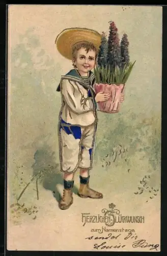 AK Junge in Matrosenanzug mit einem Blumentopf, Herzlichen Glückwunsch zum Namenstag