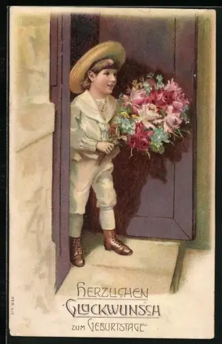 Künstler-AK Junge tritt mit einem Blumenstrauss durch die Tür, Herzlichen Glückwunsch zum Geburtstag