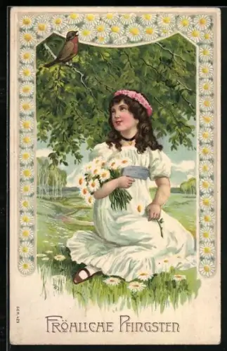 Künstler-AK Mädchen mit gepflückten Blumen lauscht einem Rotkehlchen, Fröhliche Pfingsten