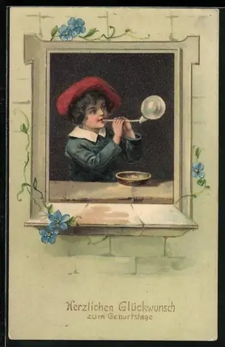 Künstler-AK Knabe macht Seifenblasen am Fenster, Herzlichen Glückwunsch zum Geburtstag