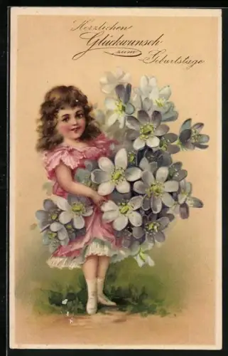 Künstler-AK Herzlichen Glückwunsch zum Geburtstage, Kleines Mädchen mit einem grossen Blumenstrauss