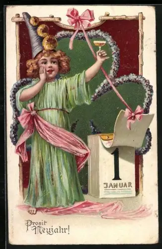 Künstler-AK Mädchen mit Sektglas und Kalenderblatt 1. Januar, Prosit Neujahr