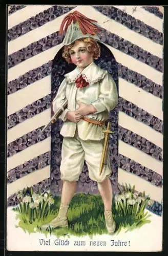 Künstler-AK Knabe in Uniform in einem Wachhäuschen, Viel Glück zum neuen Jahre