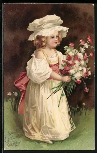 Lithographie Mädchen im Kleid mit Blumenstrauss, Geburtstagsgruss
