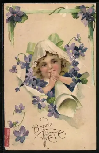 Künstler-AK Mädchen mit Veilchen platzt aus der Karte, Bonne Fête