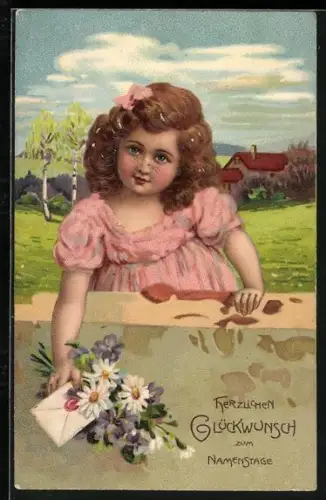 Künstler-AK Mädchen lehnt sich mit einem Brief über eine Mauer, Herzlichen Glückwunsch zum Namenstag