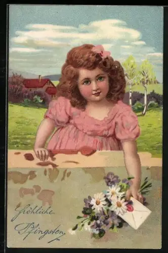 Künstler-AK Mädchen in rosanem Kleid mit Brief und Blumenstrauss, Fröhliche Pfingsten
