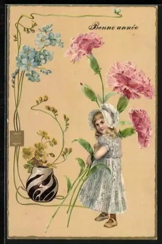 Lithographie Mädchen mit riesigem Blumenstrauss und Vergissmeinnicht, Bonne année