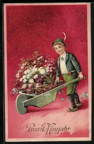 Künstler-AK Kleiner Gärtner mit einer Karre voller bunter Blumen, Prosit Neujahr