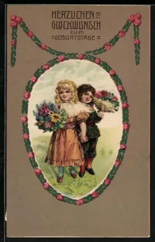 Präge-AK Zwei Kinder mit Blumensträussen, Herzlichen Glückwunsch zum Geburtstag
