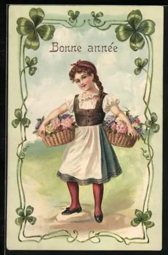 AK Mädchen trägt Blumenkörbe, Kleeblatt-Rahmen, Bonne année