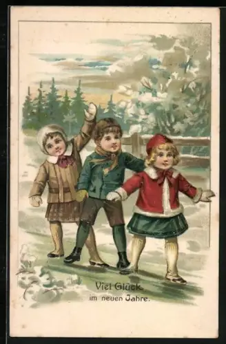 Künstler-AK Drei Kinder schlittern auf dem Eis, Viel Glück im neuen Jahr