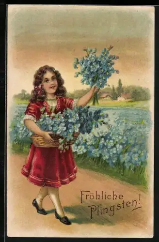 Künstler-AK Mädchen mit einem Strauss und Korb Vergissmeinnicht, Fröhliche Pfingsten