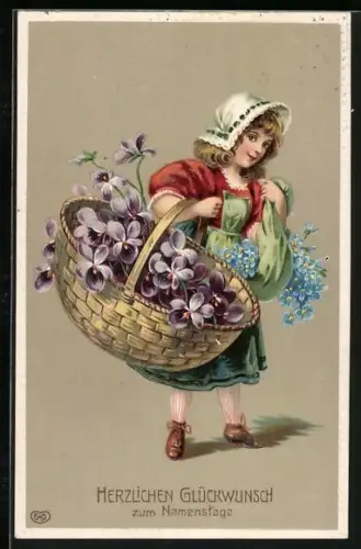 Künstler-AK Mädchen mit einem grossen Korb voll Vergissmeinnicht, Herzlichen Glückwunsch zum Namenstag