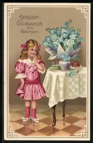 Künstler-AK Mädchen steht neben Tisch mit Blumen und Kuchen zum Geburtstag