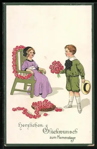 Künstler-AK Junge bringt Mädchen einen Strauss Rosen, Herzlichen Glückwunsch zum Namenstag