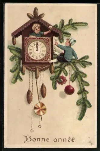 Künstler-AK Zwei Kinder auf einem Tannenzweig an einer Uhr, Bonne année