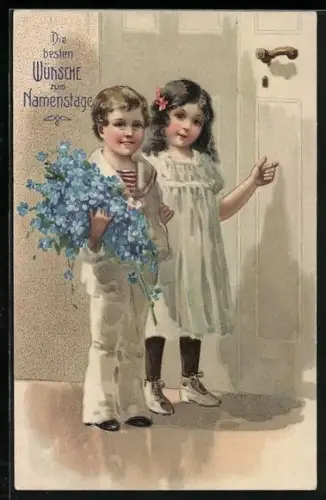 Künstler-AK Kinder stehen mit Blumen vor einer Haustür, Die besten Wünsche zum Namenstag