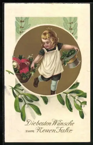 Künstler-AK Mädchen mit Fliegenpilzen und Kleeblättern im Zylinder, Die besten Wünsche zum Neuen Jahr