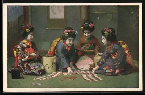 AK Japan, Vier Geishas spielen Karten