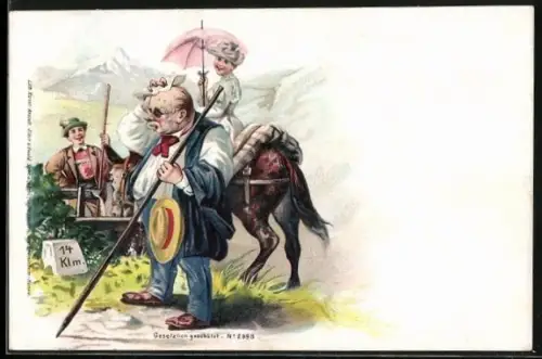Lithographie übergewichtiger Wanderer schwitzt, Dame reitet auf einem Pferd, Bergführer
