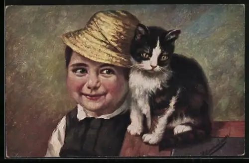 Künstler-AK Johan Georg Gerstenhauer: Knabe mit Katze auf der Schulter