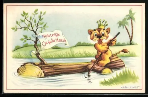 Künstler-AK Karel L.Links: Ansicht eines kleinen Löwen auf einem Baumstamm rudernd