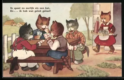 AK Katzen spielen Karten, Katzenfrau bringt Getränke