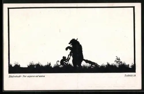 Künstler-AK Diefenbach: Per aspera ad astra, Affe und Bär, Scherenschnitt
