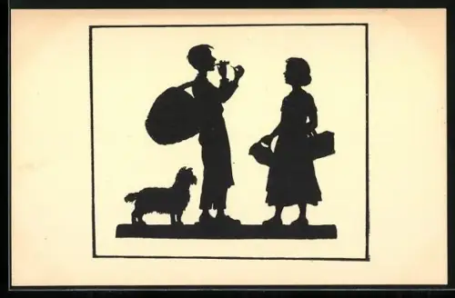 Künstler-AK Anna Schirmer: Silhouette, Mann mit Hund geht auf Wanderschaft