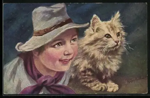 Künstler-AK Johan Georg Gerstenhauer: Knabe mit Hut und Katze