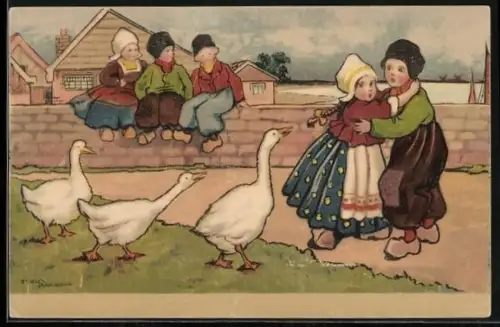 Künstler-AK Ethel Parkinson: Kinder fürchten sich vor Gänsen