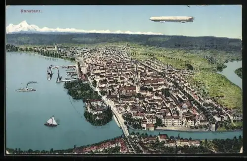 Künstler-AK Konstanz a. B., Gesamtansicht aus der Vogelschau mit Zeppelin`schem Luftschiff