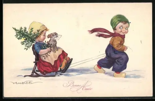 Künstler-AK Castelli: Buon Natale, Junge zieht ein Mädchen auf einem Schlitten