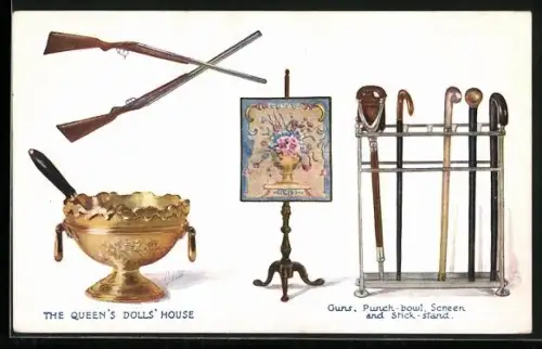 AK The Queen`s Dolls` House, Guns, Punch, bowen, Screen and Stick-stand, Puppenhaus, Möbel