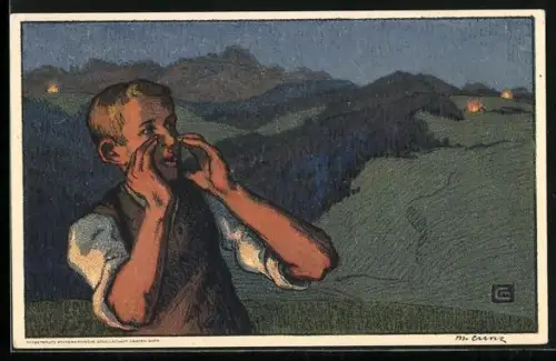 Ganzsache-AK Schweizer Bundesfeier 1926, Junge ruft etwas über die Berge, Lagerfeuer im Hintergrund