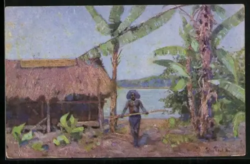 Künstler-AK sign. Peter Paul Müller: Papua, Ureinwohner an seinem Haus