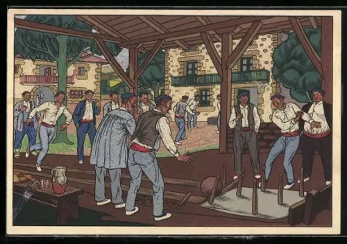 Künstler-AK sign. Jose Arrue: Spanier beim Kegeln