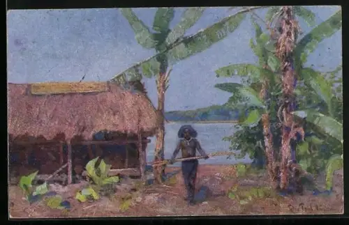 Künstler-AK sign. Peter Paul Müller: Papua, Ureinwohner an seinem Haus