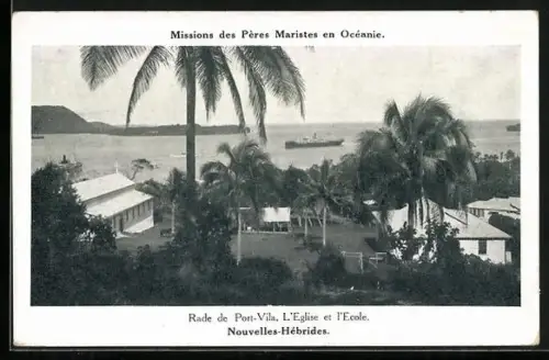 AK Novuelles-Hébrides, Kirche und Schule an der Schiffseinfahrt von Port-Vila