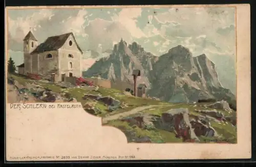 Künstler-AK Zeno Diemer: Kastelruth, Panorama mit Kirche und Schlern