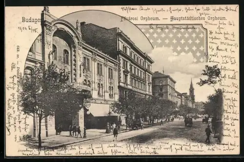 AK Budapest, Hauptstädtisches Orpheum mit Strasse und Turm
