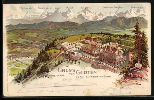 Lithographie Bern, Hotel und Restaurant Gurten, Blick zur Jungfrau